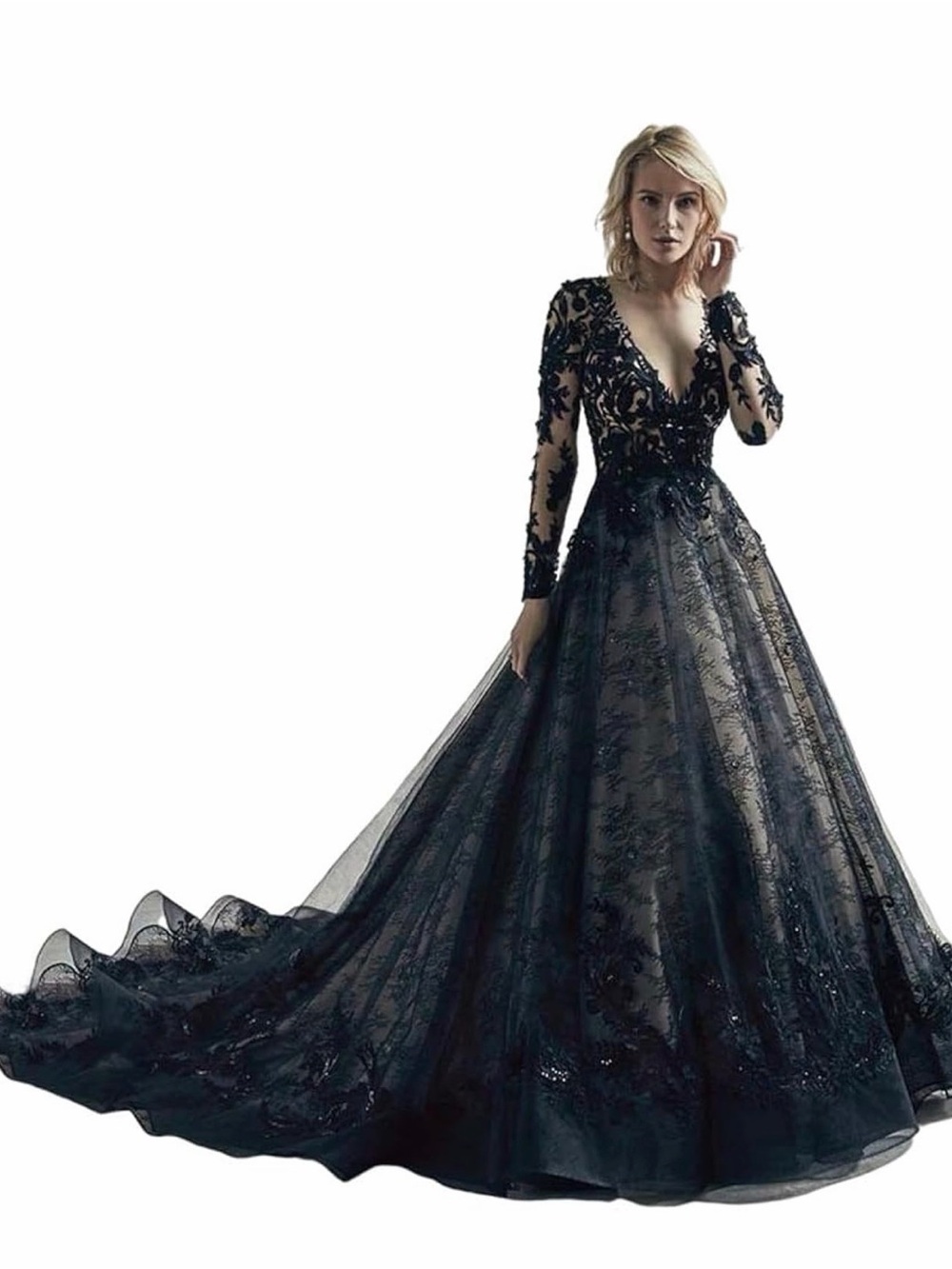 Black Lace Bridal Ball Gown with Long Train - Picture 2 of 5